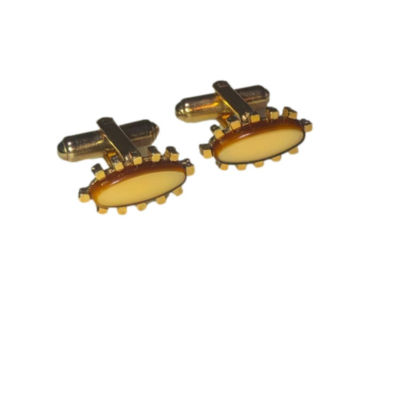 𝅺vtg Abstract Agate Thin Oval Shaped Gold Tone Cufflinks Retro Costume .5” - Picture 1 of 6